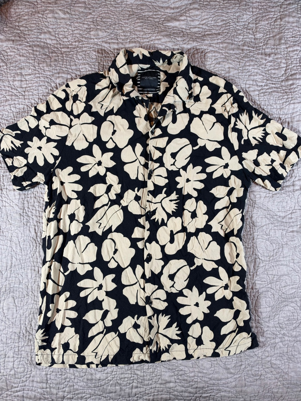Denim & Flower Ricky Singh Men's M Black Cream Floral Button-Down Shirt